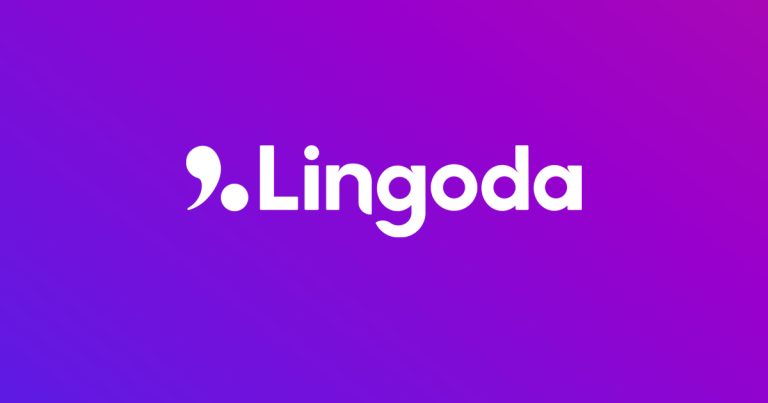 Logotipo de Lingoda con fondo degradado púrpura