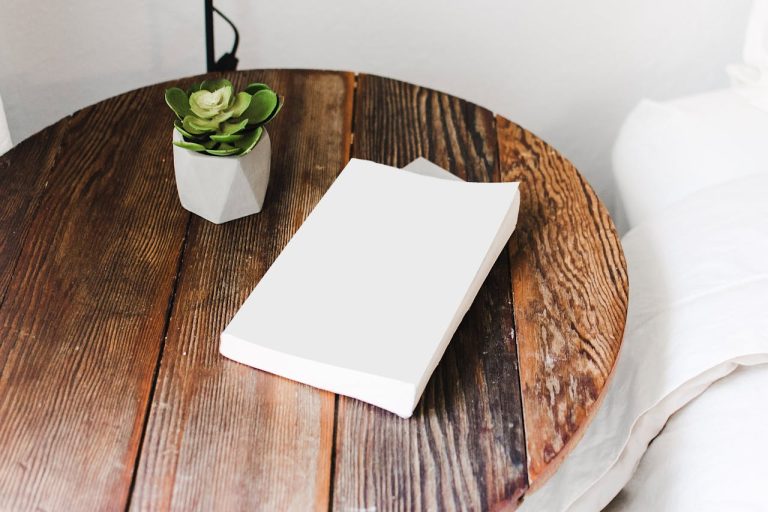 Libro blanco sobre mesa de madera junto a planta decorativa
