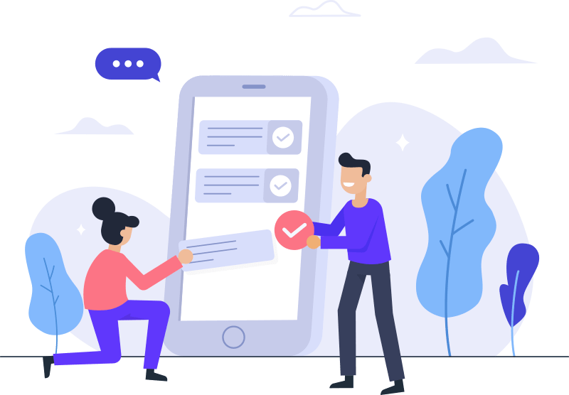 Ilustración de dos personas interactuando con app móvil